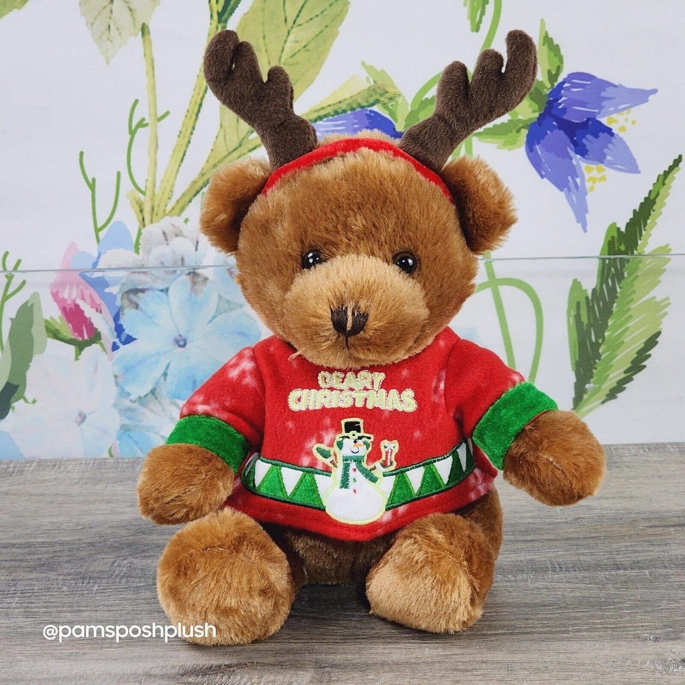 Hobby Lobby Teddy Bear Plush 13" Reindeer Antlers Beary Christmas Shirt Snowman